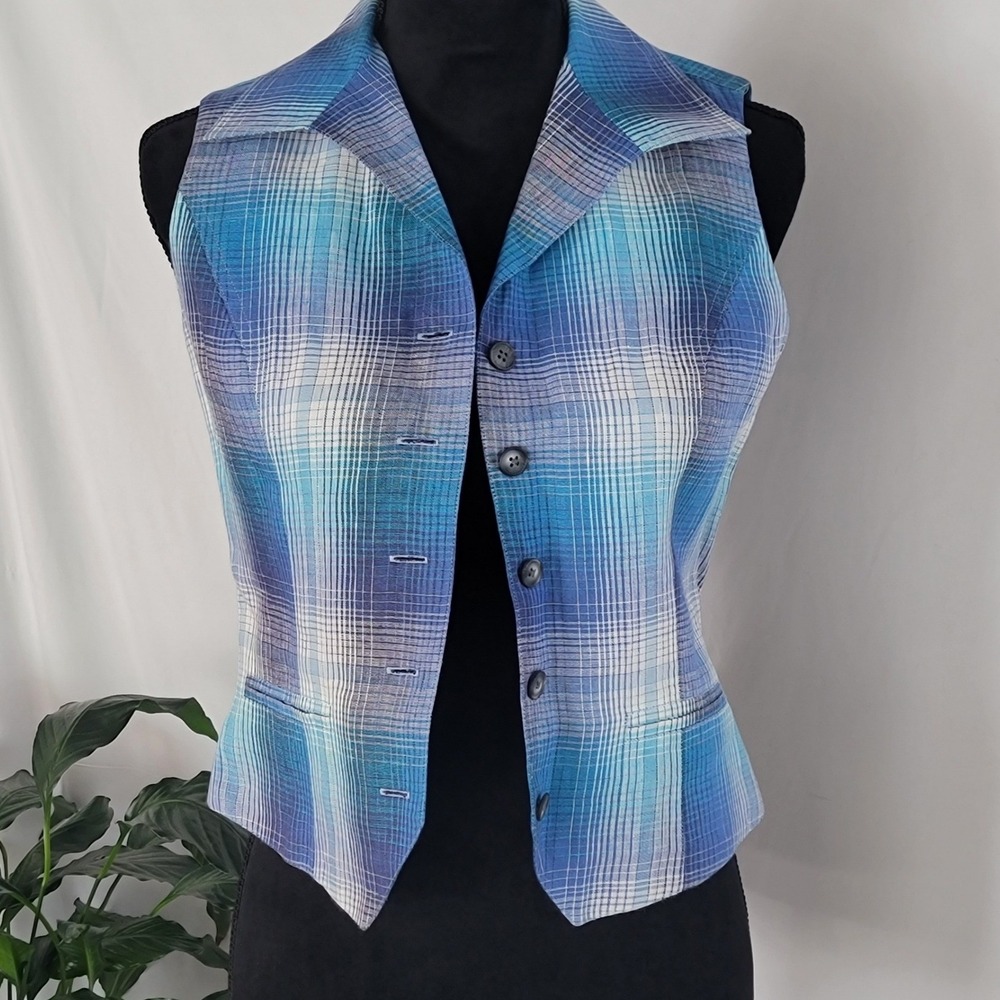 Ellen Tracy Company Linen Plaid Vest‎ Blue Purple Button Front Petite 4